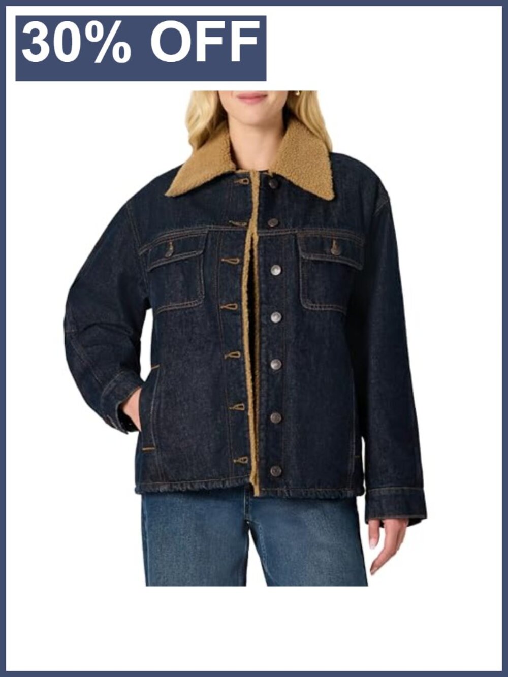 Oversized Fit Denim Jacket with Faux Shearling Collar and Lining Heavyweight